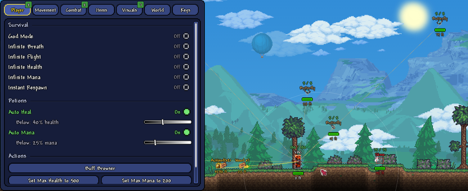 TerraSharp Player menu in Terraria with ESP enabled